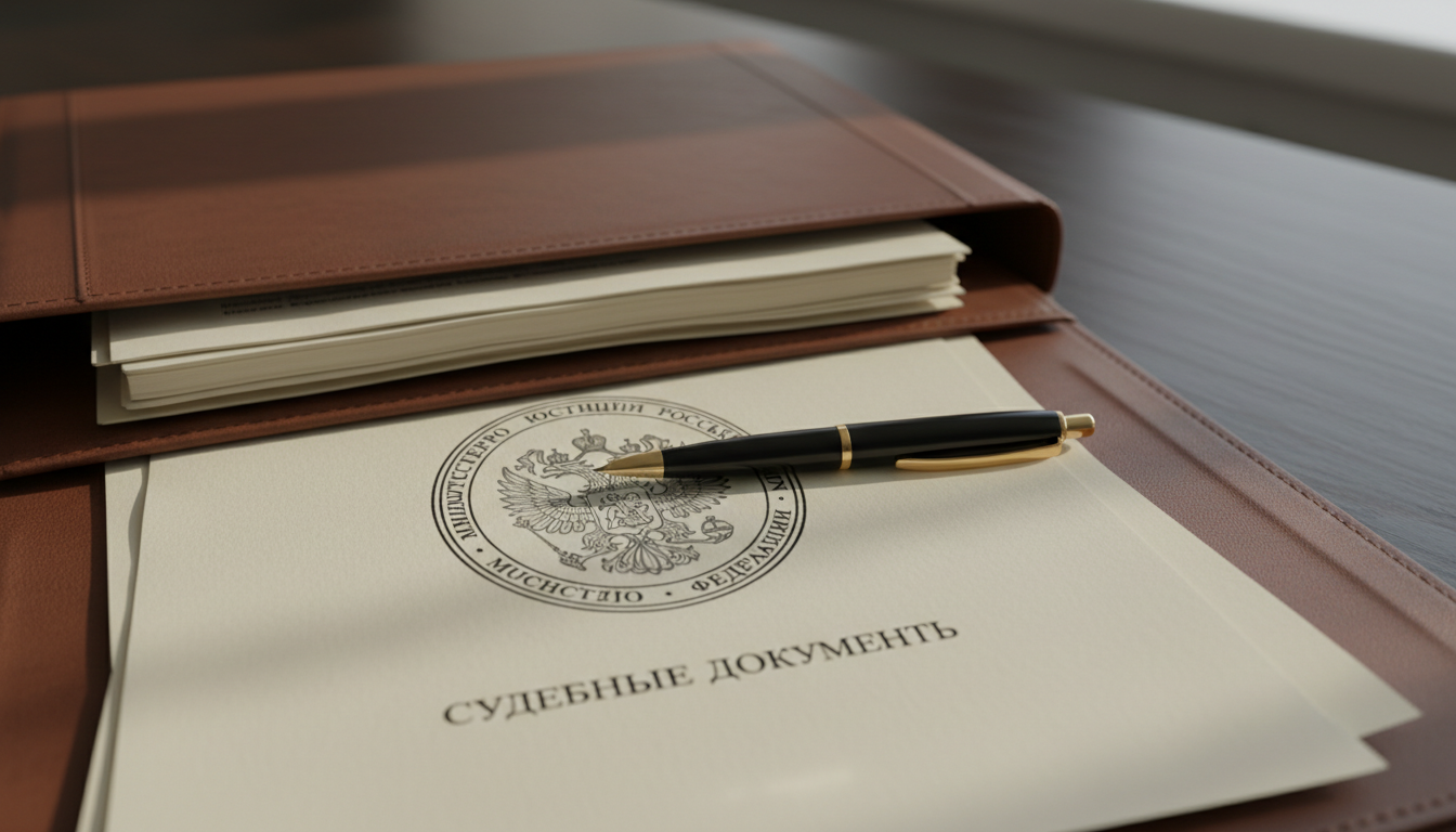 Папка с судебными документами, авторучка, печать на официальном бланке