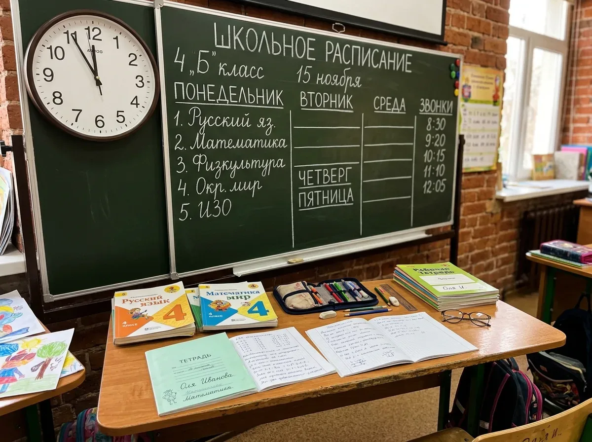 школьное расписание на доске, часы, детские учебники и тетради на столе